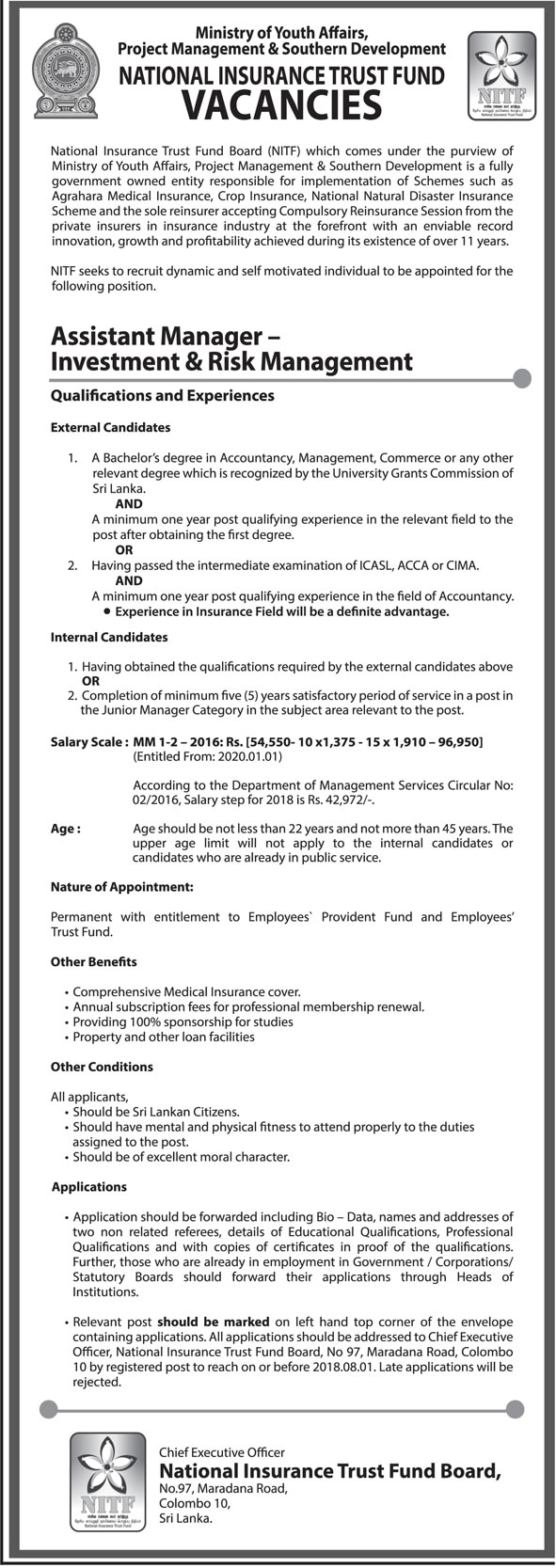 Assistant Manager (Investment & Risk Management) - National Insurance Trust Fund Board